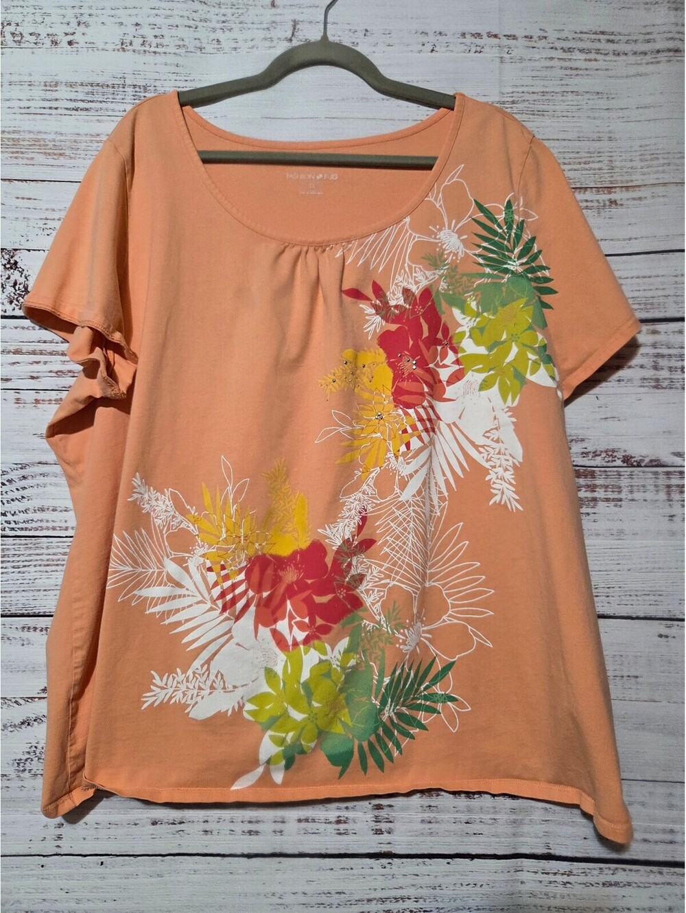 Fashion Bug Peach Floral Print Cotton T-Shirt 3X